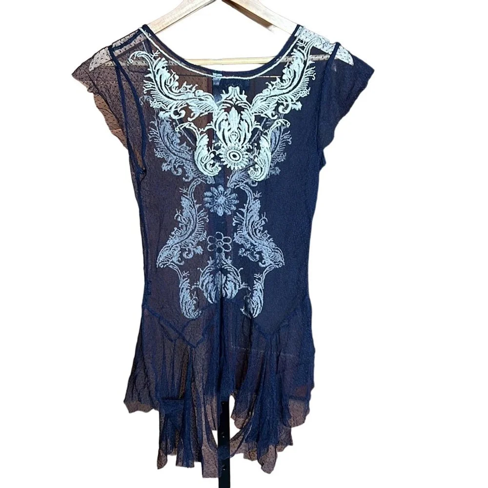 Johnny Was Biya Navy Blue Mesh Embroidered Sheer Dress Size Small